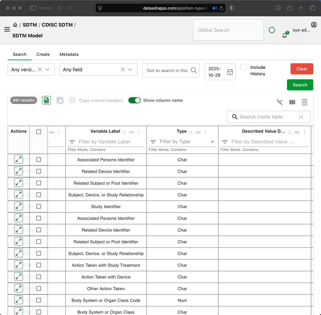 Standards model — CDISC SDTM domain view